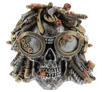 Gentleman Joe Steampunk Rasta Skull Figurine, Painted Resin, Industrial Mechanical Design, 15 x 18 cm, Bronze and Silver