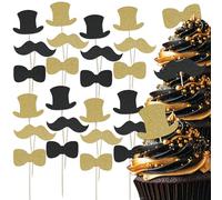 Gentleman Themed Glitter Cupcake Toppers Set - 24pc - Top Hat, Moustache & Bow Ties | Perfect Stag Do's, Birthdays, Weddings & Roaring Twenties Parties | Cupcake & Cake Decorations (Black & Gold)