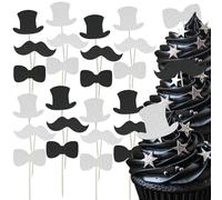 Gentleman Themed Glitter Cupcake Toppers Set - 24pc - Top Hat, Moustache & Bow Ties | Perfect Stag Do's, Birthdays, Weddings & Roaring Twenties Parties | Cupcake & Cake Decorations (Black & Silver)