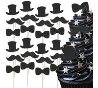 Gentleman Themed Glitter Cupcake Toppers Set - 24pc - Top Hat, Moustache & Bow Ties | Perfect Stag Do's, Birthdays, Weddings & Roaring Twenties Parties | Cupcake & Cake Decorations (Black)