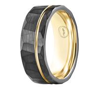 Gentlemen's Bands 8mm Black Hammered Tungsten Men’s Wedding Band With Thin Gold Strip and Gold Interior | Engagement, Promise Ring For Men | Includes Silicone Band, Walnut Box, Leather Pouch Set
