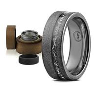 Gentlemen's Bands Black Tungsten Men's Wedding Band with Sandblasted Finish & Meteorite Inlay-8mm | Engagement/Wedding Ring for Men | Includes Black Silicone Band, Leather Pouch & Luxury Walnut Box