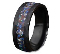 Gentlemen's Bands Premium Tungsten Hammered Wedding Band with Dinosaur Bone, Meteorite & Opal Inlay | Wedding Ring Is Ideal Gift | Package Includes Silicone Band, Walnut Box, Leather Pouch, Metal, No