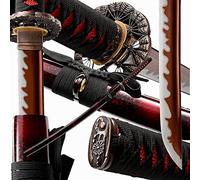 Genuine 1060/1095 T10 High Carbon Steel Handmade | Traditional Heat / Hand Forged Tempered Clay | Sharp, Functional, Practical, Authentic Japanese Samurai | Full Tsuba Tang (Red Blade Fans)