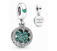 Genuine 925 Silver Lucky Clover Green Four Leaf Dangle Charm With Engraved " Anything is Possible "
