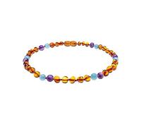 Genuine Amber Necklace from Baltic Sea Made with Polished Cognac Aquamarine and Amethyst 34 cm (13.4 Inches)