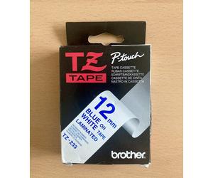 GENUINE AUTHENTIC BROTHER TZ-233 TAPE CASSETTE BLUE ON WHITE TAPE 12MM x 8M