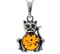 Genuine Baltic Cognac Amber & Sterling Silver Cat Pendant without Chain - 1677