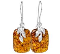 Genuine Baltic Honey Amber Fern Drop Earrings in 925 Sterling Silver - Rectangle Dangle Earrings for Women, Botanical Leaf Design, French Hook, Includes Certificate & Velvet Pouch