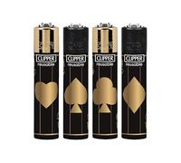 Genuine Clipper Lighter with Heart, Spade, Diamond & Club in Gold Digger Rare Design. Gas Refillable, Replaceable Flint Standarad Pocket Size Lighters