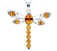 Genuine Cognac Baltic Amber & Sterling Silver Large Multitone Dragonfly Pendant without Chain - 1861C