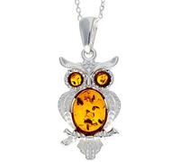 Genuine Cognac Baltic Amber & Sterling Silver Owl Pendant without Chain - GL359