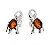 Genuine Cognac Natural Baltic Amber and 925 Sterling Silver Lucky Elephants Studs Earrings GL176