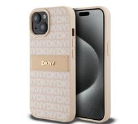 Genuine DKNY Eco Leather Pattern & Stripe Impact Case for iPhone 15 Pink