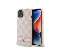 Genuine DKNY Leather Checkered Pattern & Stripe Impact Case for iPhone 15 Pink