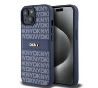 Genuine DKNY Leather Checkered Pattern & Tonal Stripe Impact Case iPhone 15 Blue