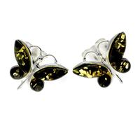 Genuine Green Baltic Amber and 925 Sterling Silver Studs Butterfly Style Earrings - 8494G