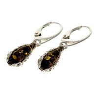 Genuine Green Teardrop Baltic Amber and 925 Sterling Silver Drop Dangle Hoops Earrings G028G