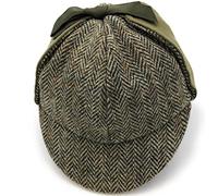 Genuine Harris Tweed - Hunter Hat - Scottish Traditional - Two Peaks and Ear Flaps - Autumn Spring Winter Green Herringbone - Single Piece (XL)