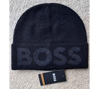 Genuine HUGO BOSS Black 10% Wool Logo BEANIE Hat 50475939