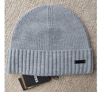 Genuine HUGO BOSS Grey 100% Virgin Wool Leather Logo BEANIE Hat 50475930