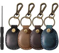 Genuine Leather AirTag Keyring Compatible with Apple AirTag Keychain Leather. Anti Lost Secure Key Ring Case for Pet Collar Bag Luggage Travel. Handmade Protective Air Tag Holder Full Cover, 4 Pack