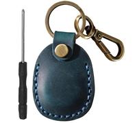 Genuine Leather AirTag Keyring Holder Compatible with Apple AirTags Keychain, Anti Lost Anti Scratch Secure Key Ring Case for Pet Collar Luggage Travel, Full Cover Protective Air Tags Key Chain, Blue
