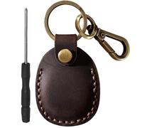 Genuine Leather AirTag Keyring Holder Compatible with Apple AirTags Keychain, Anti Lost Anti Scratch Secure Key Ring Case for Keys Pet Collar Bag, Handmade Protective Air Tag Key Chain Cover, Coffee