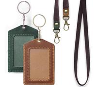 Genuine Leather Badge Holder, Detachable Keychain Lanyards for ID Badges for Easy Access, Vertical ID Badge Holder for Nurse Officer Teacher Security Staff Women Men, 2 Pack Red+Browm (Green+Brown)