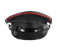 Genuine Leather Black Red Trim Army Muir Biker Peaked Police Military Cap Hat