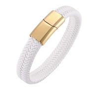 Genuine Leather Bracelet For Men Women Handmade Braided Cuff Wristband With Magnetic Clasp Gothic Viking Jewellery Father'S Day For Dad Husband Boyfriend White 16.5Cm