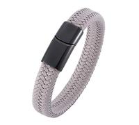 Genuine Leather Bracelets For Men Cowhide Cuff Wrap With Magnetic Clasp Handmade Braided Punk Cuff Bangle Gift For Dad Him Husband Grey 18.5Cm