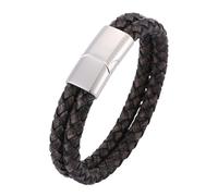 Genuine Leather Bracelets For Men Double Layer Braided Rope Cuff Bangle With Magnetic Clasp Handmade Vintage Punk Jewelry Gift For Dad Him Husband Dark Grey 17.5Cm