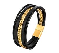 Genuine Leather Bracelets For Men Handmade Multi Layer Leather Cuff Bangle With Magnetic Clasp Lucky Vintage Jewellery For Dad Him Husband Golden 21Cm