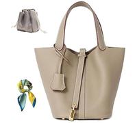 Genuine Leather Bucket Bag for Women: Lock Design Shoulder Handbag Versatile Top-Handle Tote Fashionable Vegetable Basket, Grey, M