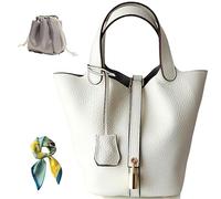 Genuine Leather Bucket Bag for Women: Lock Design Shoulder Handbag Versatile Top-Handle Tote Fashionable Vegetable Basket, White