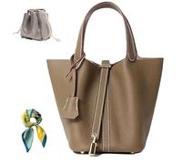 Genuine Leather Bucket Bag for Women: Lock Design Shoulder Handbag Versatile Top-Handle Tote Fashionable Vegetable Basket, Khaki, S