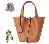 Genuine Leather Bucket Bag for Women: Lock Design Shoulder Handbag Versatile Top-Handle Tote Fashionable Vegetable Basket, Brown, M
