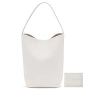 Genuine Leather Bucket Bag with Credit Card Holder Wallet, Large Calf Leather Hand Bag Calfskin Tote Bag (White, Medium)