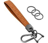 Genuine Leather Car Key Fob Holder 360° Rotatable with Carabiner & 3 Rings