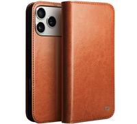 Genuine Leather Case for iPhone 17 Pro Max, Flip Cover with Card Slots, Shockproof Full-Body Protection Vintage Phone Case, Orange