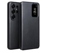 Genuine Leather Case for Samsung Galaxy S26 Ultra, View Flip Smart Hibernation Case Business Style Wallet Lens Protection Cover Black