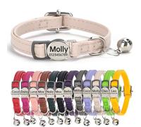 Genuine Leather Cat Collar Quick Release with Personalised Name Tag, breakaway Kitten Collars with Removable Bells & Safety Release, Engraved buckle, 19-30 CM Adjustable, (Cream Beige)