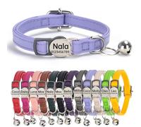 Genuine Leather Cat Collar Quick Release with Personalised Name Tag, breakaway Kitten Collars with Removable Bells & Safety Release, Engraved buckle, 19-30 CM Adjustable, (Lavender Purple)