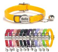 Genuine Leather Cat Collar Quick Release with Personalised Name Tag, breakaway Kitten Collars with Removable Bells & Safety Release, Engraved buckle, 19-30 CM Adjustable, (Yellow)