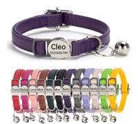 Genuine Leather Cat Collar Quick Release with Personalised Name Tag, breakaway Kitten Collars with Removable Bells & Safety Release, Engraved buckle, 19-30 CM Adjustable, (Deep Violet)