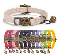 Genuine Leather Cat Collar Quick Release with Personalised Name Tag, breakaway Kitten Collars with Removable Bells & Safety Release, Engraved buckle, 19-30 CM Adjustable, (Vintage Beige)
