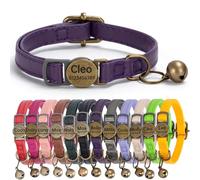 Genuine Leather Cat Collar Quick Release with Personalised Name Tag, breakaway Kitten Collars with Removable Bells & Safety Release, Engraved buckle, 19-30 CM Adjustable, (Vintage Violet)