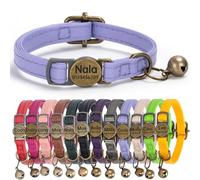 Genuine Leather Cat Collar Quick Release with Personalised Name Tag, breakaway Kitten Collars with Removable Bells & Safety Release, Engraved buckle, 19-30 CM Adjustable, (Vintage Purple)