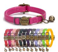 Genuine Leather Cat Collar Quick Release with Personalised Name Tag, breakaway Kitten Collars with Removable Bells & Safety Release, Engraved buckle, 19-30 CM Adjustable, (Vintage Hot Pink)